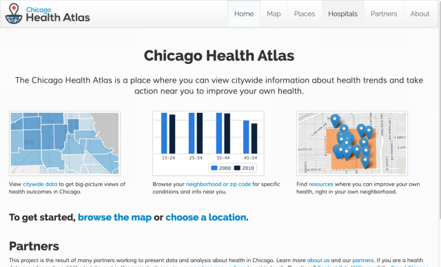 The Chicago Health Atlas homepage has quick ways to see citywide data, check on your own neighborhood, and see locations where you take action near you to improve your own health