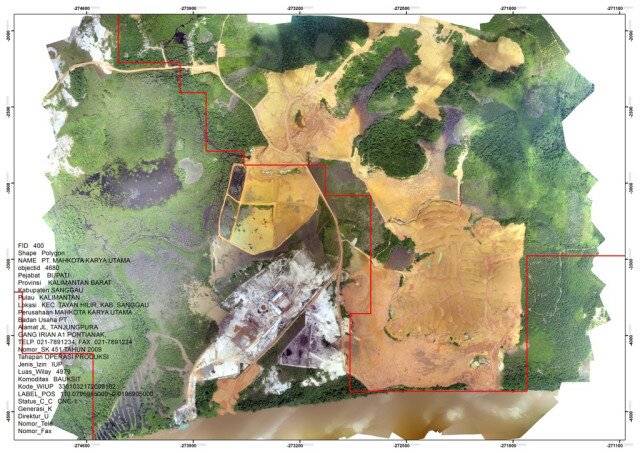 Environmental damage by a mining company found by combining images from drone mapping with a government map on existing mining concession (the white color area is a lake that has been used to wash bauxite from soil)