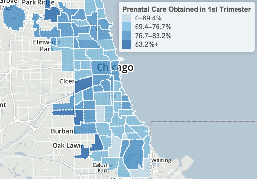 Percent of live births in which mother began prenatal care during 1st trimester, 1999 - 2009 (Chicago Health Atlas)