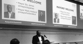 Mayor Sly James of Kansas City, MO delivering the welcome at the Gigabit City Summit